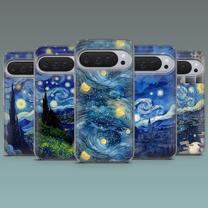 May include: A collection of five phone cases featuring the iconic "Starry Night" painting by Vincent van Gogh. Each case showcases the artwork with a different perspective, displaying the swirling blues, yellows, and dark silhouettes of the famous post-impressionist masterpiece.