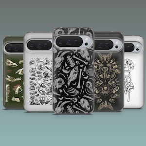 May include: A collection of five phone cases with various designs. The cases feature illustrations of skulls, bones, and other anatomical elements in black and white, and gold. The cases are displayed against a teal background.