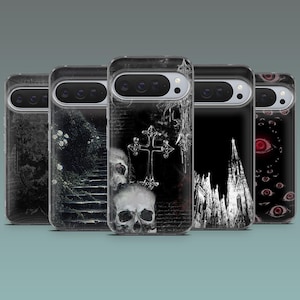 May include: A collection of five phone cases with gothic-themed designs. The cases feature images of skulls, crosses, stairways, and a cathedral, all in shades of black and white. The cases are made of clear plastic.