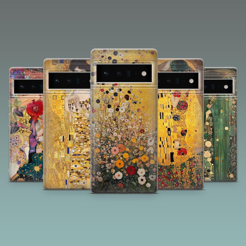 May include: Five phone cases with colorful artwork inspired by Gustav Klimt. The cases feature various designs, including floral patterns, gold accents, and abstract art. The cases are rectangular with camera cutouts.