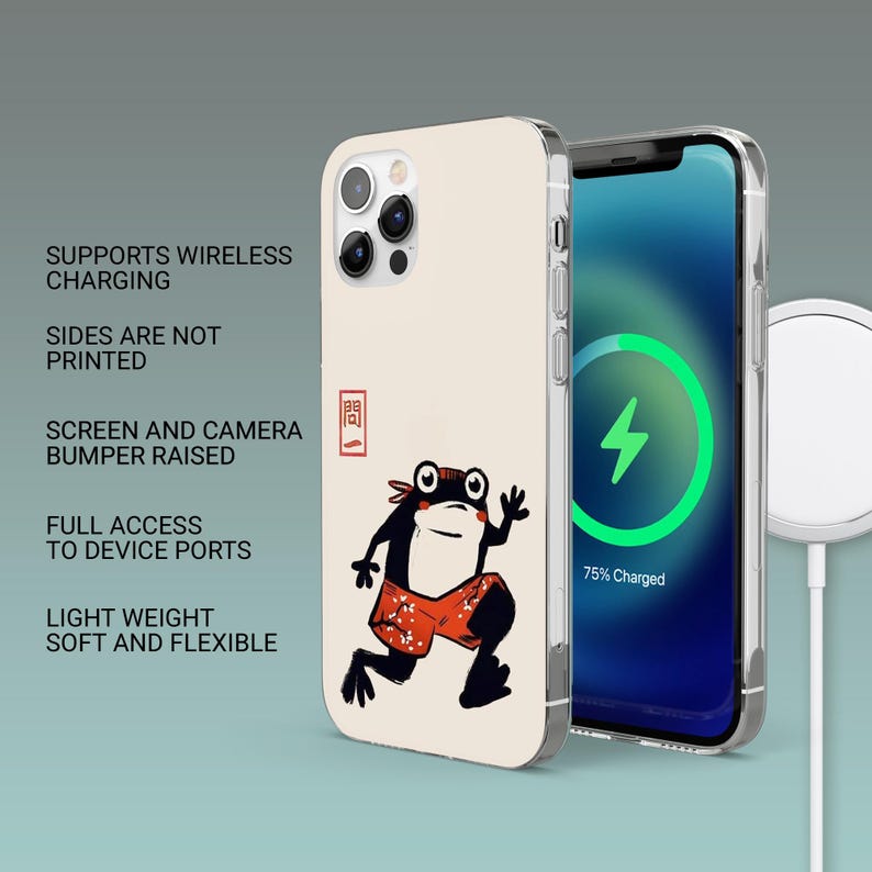 Pode incluir: Capa de telefone creme com um desenho de um sapo de cal&ccedil;&otilde;es vermelhos. O ecr&atilde; do telefone mostra um s&iacute;mbolo de carregamento. O texto na capa diz: Suporta carregamento sem fios, as laterais n&atilde;o s&atilde;o impressas, p&aacute;ra-choques do ecr&atilde; e da c&acirc;mara elevados.