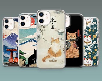Japanse kat telefoonhoesje Japanse dieren hoes voor iPhone 17, 17e, 16e, 15, 14, 13, 12, Samsung S26, S25Fe, S24, A16, A56, Pixel 10Pro, 10a, 9A