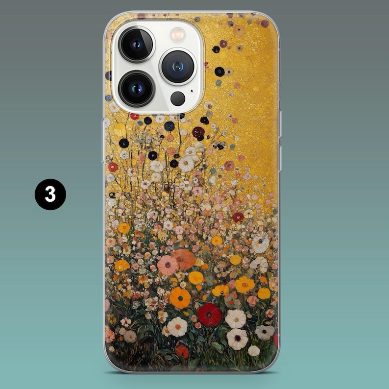 May include: A phone case featuring a floral design reminiscent of a painting. The case has a yellow background with a field of colorful flowers in shades of red, orange, white, and pink. The phone case has a clear border.