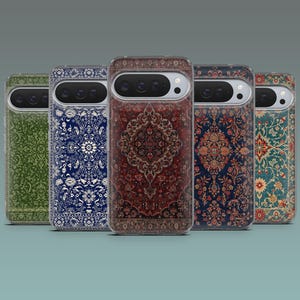 May include: Five phone cases with intricate rug designs. The cases feature a variety of colors, including green, blue, and red, with detailed floral and geometric patterns. The cases are made of a clear material, showcasing the rug-inspired artwork.