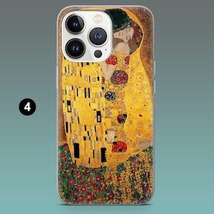 May include: A phone case featuring Gustav Klimt's "The Kiss" artwork. The case has a clear border and a gold glitter background. The artwork depicts a couple embracing, with gold, yellow, and red hues. The number "4" is visible in the lower left corner.