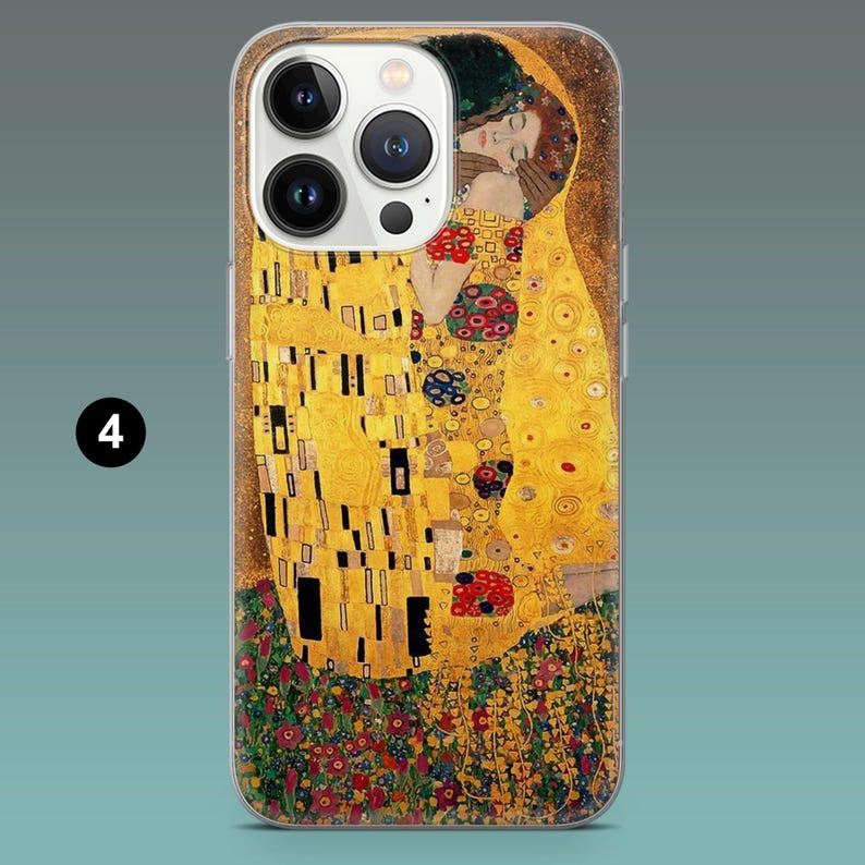 May include: A phone case featuring Gustav Klimt's "The Kiss" artwork. The case has a clear border and a gold glitter background. The artwork depicts a couple embracing, with gold, yellow, and red hues. The number "4" is visible in the lower left corner.