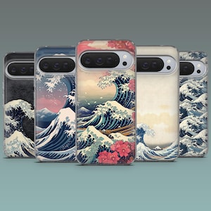 May include: A set of phone cases displaying Japanese wave art. Each case has a unique design, with different colour schemes and details. The artwork includes depictions of ocean waves, mountains, and floral elements.