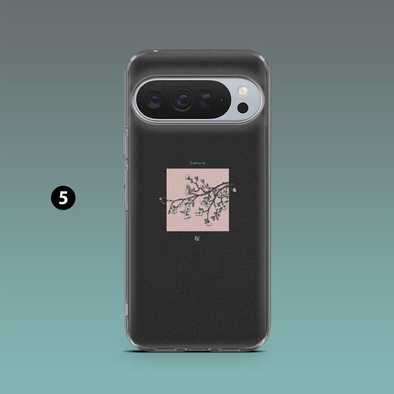 Puede incluir: Funda transparente para tel&eacute;fono con parte trasera negra texturizada. Un gr&aacute;fico cuadrado presenta una rama con flores blancas y la palabra "Sakura" encima. La funda est&aacute; dise&ntilde;ada para un tel&eacute;fono inteligente.