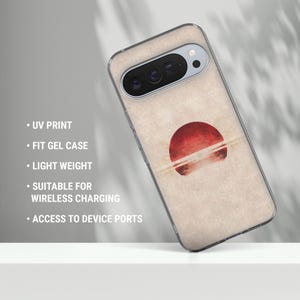 Puede incluir: Una funda de tel&eacute;fono con un dise&ntilde;o de puesta de sol. La funda presenta un sol rojo sobre una l&iacute;nea de horizonte sobre un fondo beige. La funda es transparente y tiene las siguientes caracter&iacute;sticas: impresi&oacute;n UV, funda de gel ajustada, ligera, adecuada para carga inal&aacute;mbrica y acceso a los puertos del dispositivo.