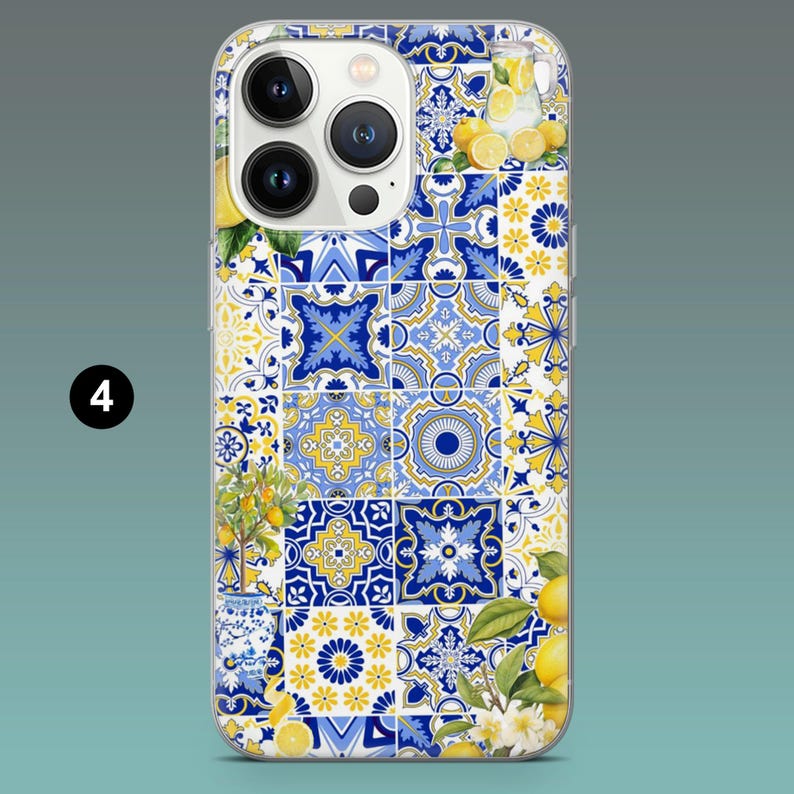 May include: A phone case featuring a vibrant, tiled pattern in blue, yellow, and white. The design incorporates lemon and floral motifs, with a number "4" in a black circle in the corner. The case has a clear border.