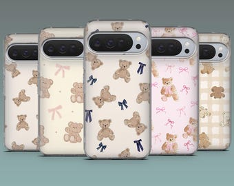 Capa de celular com estampa kawaii e ursinho de pelúcia fofo para Google Pixel 10, 10Pro, 9Pro, 9A, 9, 8A, 7, 6, iPhone 17, 16, 15, Samsung S25, S24, A17