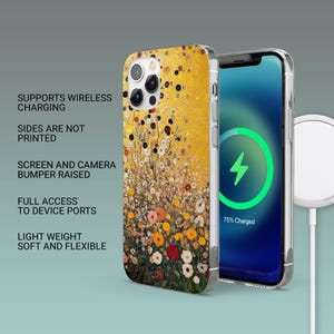 May include: A phone case with a floral design in yellow, red, and white. The phone screen displays a charging symbol. Text on the case reads: Supports Wireless Charging, Sides Are Not Printed, Screen and Camera Bumper Raised, Full Access to Device Ports, Light Weight Soft and Flexible.