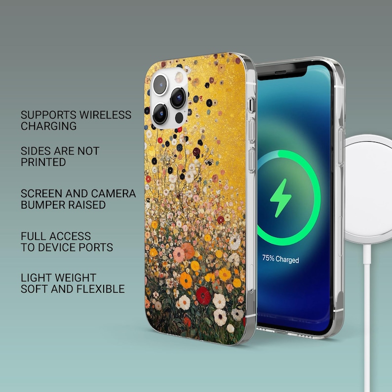 May include: A phone case with a floral design in yellow, red, and white. The phone screen displays a charging symbol. Text on the case reads: Supports Wireless Charging, Sides Are Not Printed, Screen and Camera Bumper Raised, Full Access to Device Ports, Light Weight Soft and Flexible.