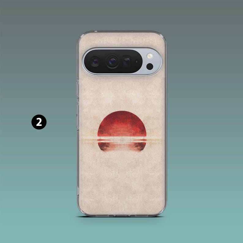 Puede incluir: Funda transparente para tel&eacute;fono con un dise&ntilde;o de puesta de sol rojo y naranja. La obra de arte representa un sol estilizado que se pone sobre una l&iacute;nea de horizonte, sobre un fondo beige texturizado. La funda est&aacute; dise&ntilde;ada para un smartphone.