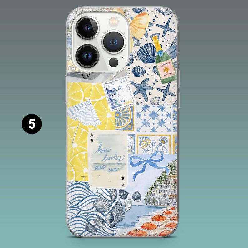 May include: Clear phone case with a colorful collage design. The design includes lemons, seashells, starfish, and a champagne bottle. The text "how lucky are we" is also visible.
