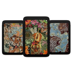 May include: Three black phone cases with vibrant tiger-themed designs. One case features a tiger with a floral background, another showcases a tiger with a colorful landscape, and the third displays tigers against a blue floral backdrop.