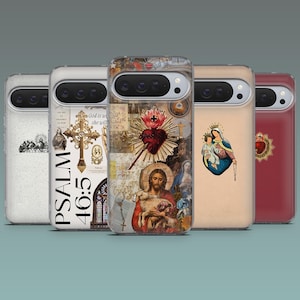 May include: A selection of phone cases featuring religious artwork. Designs include a cross, Jesus with a lamb, the Virgin Mary and child, and a Sacred Heart. The cases are in various colours, including white, beige, and red.