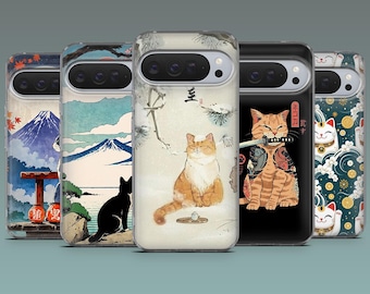 Japanskt telefonskal med katt – Japan-fodral för Google Pixel 10, 10Pro, 9Pro, 9A, 9, 8A, 7, 6, iPhone 17, 16, 15, Samsung S25Fe, S24, A17, A16, A15