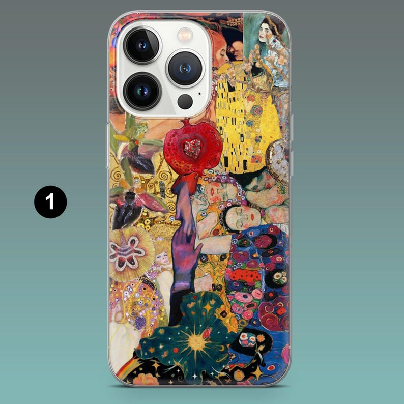 May include: A phone case featuring a colorful, artistic design with a variety of shapes and figures. The case has a clear border and a vibrant, multi-colored artwork, including a large red heart and a depiction of a painting.
