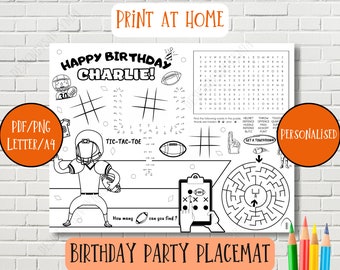 Personalized American Football Birthday Party Placemat , Printable Activity Sheet , Football Coloring , Printable ,  NOT Instant Download