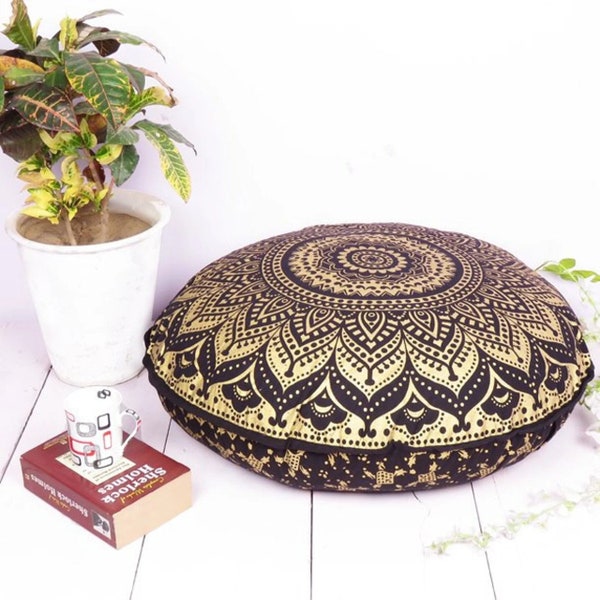 Indian Black Gold Mandala Floor Cushion Seating, Kids Floor Pillow, Boho Floor Seating Round Throw Pillow, Large Floor Cushion For Couch, US