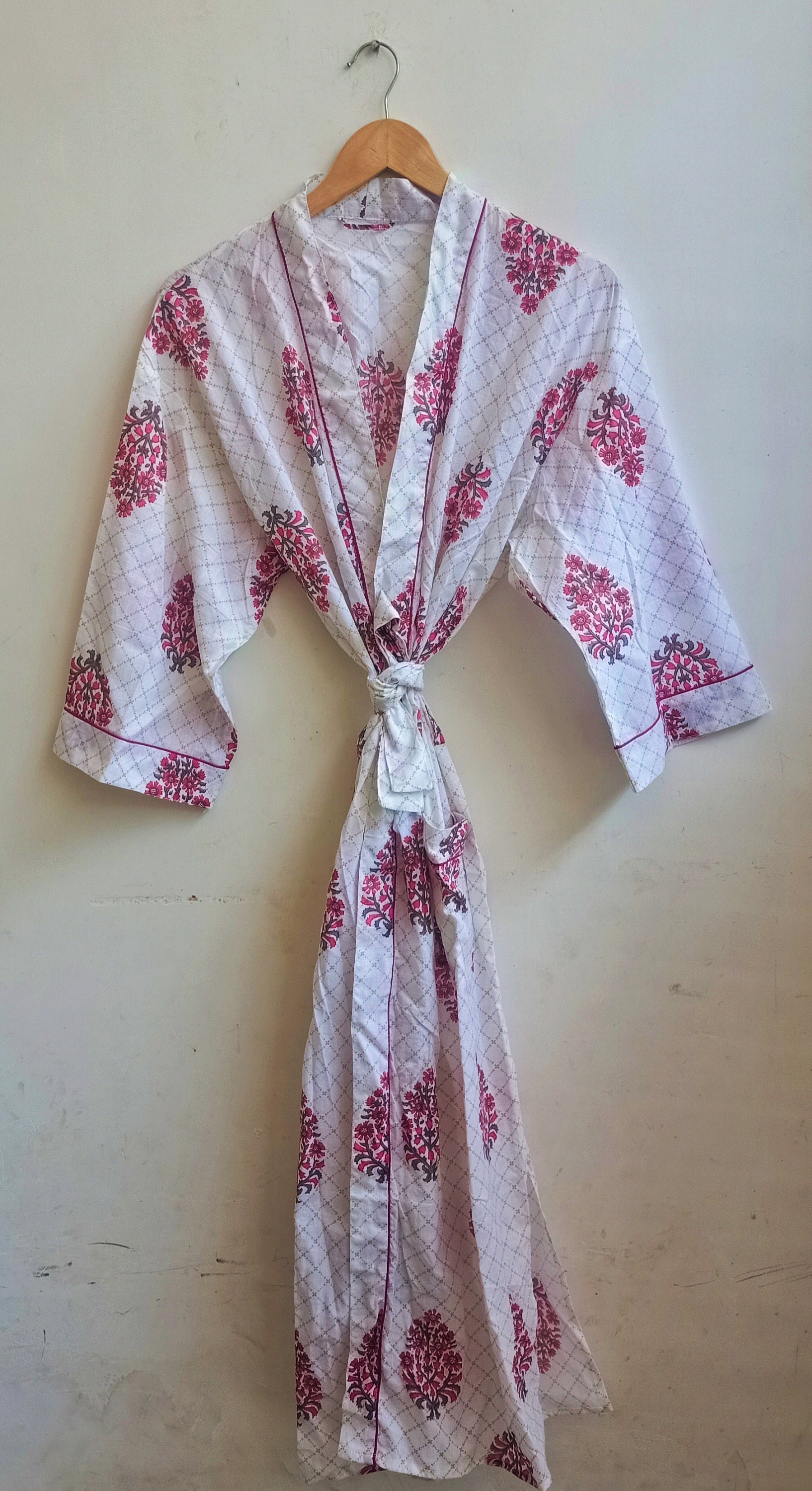 Indian Pink White Floral Printed Cotton Handmade Bath Kimono Robe ...