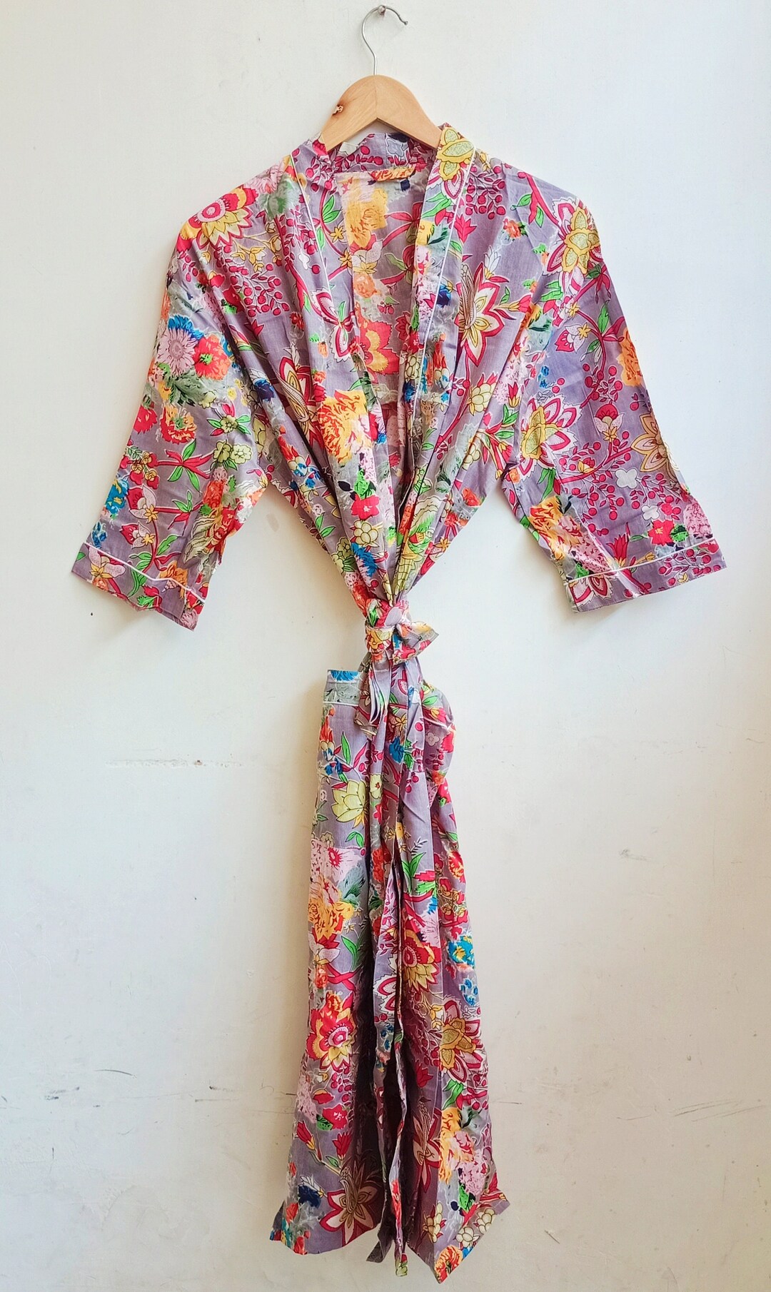 Indian Grey Floral Printed Cotton Handmade Bath Kimono Shower Robe ...
