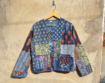 Indian Blue Patchwork Cotton Kantha Quilted Jacket, Winter Women' Clothing Handmade Coat Unisex, Vintage Partywear Kantha Quilted Jacket US