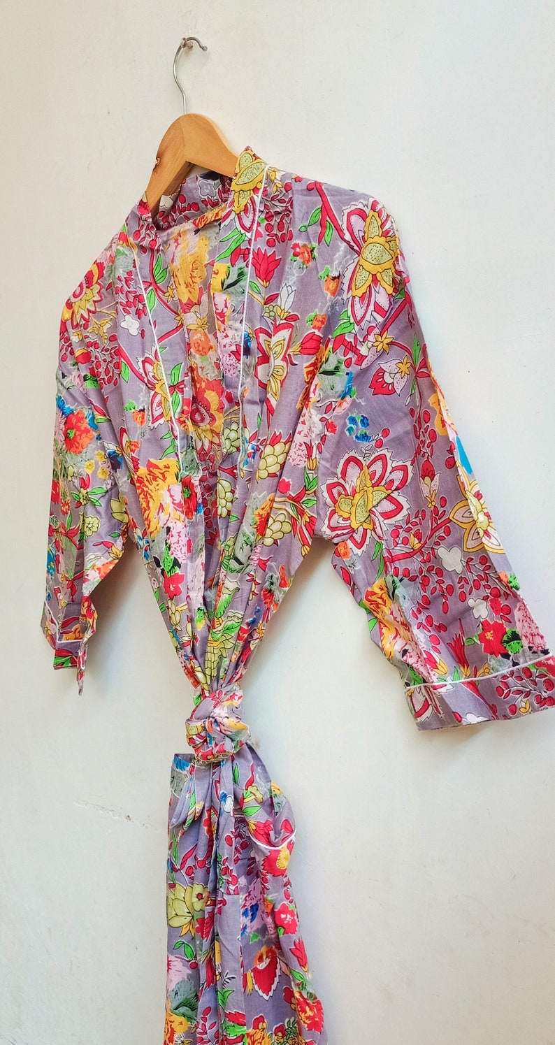 Kimono Abito Maxi Indiano Per Donna - Celeste Floreale - Cotone Leggero Con Tasche