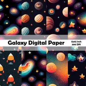 May include: A set of 12x12 inch digital papers featuring galaxy and space themed patterns. The patterns include planets, stars, and galaxies in shades of blue, orange, and purple on a black background. The text "Galaxy Digital Paper 12x12 inch 300 DPI" is displayed at the top of the image.