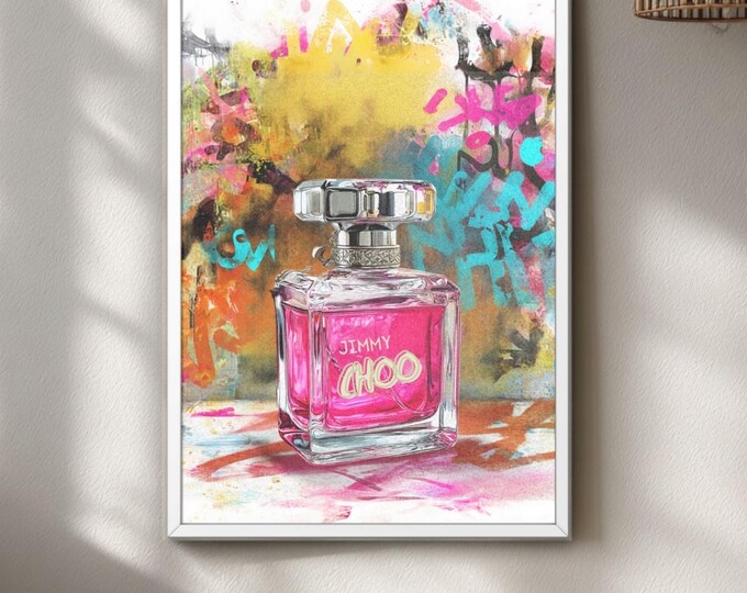 Pink Perfume Bottle Graffiti Art Print, Bold Fashion Wall Decor