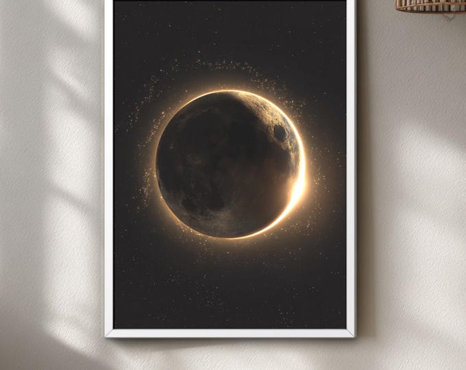 Artemis II Poster golden eclipse art, navy blue, modern wall decor