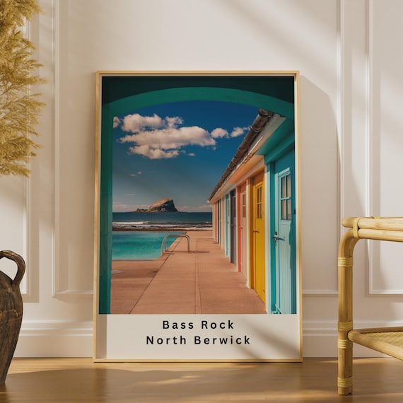 Bass Rock North Berwick Poster, Scotland Coastal Wall Art, Colourful Beach Huts Print