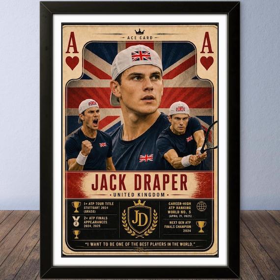 Jack Draper Tennis Poster, British No.1 Trump Card Print, Union Jack Sports Wall Art