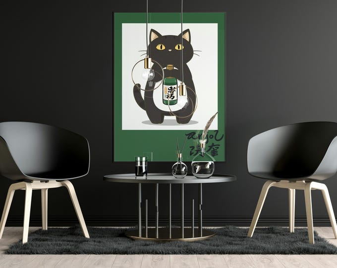 Funny black cat silk print: Japanese text wall hanging for home decor
