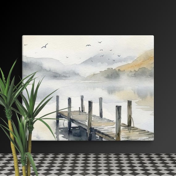 Canvas Wall Art | Misty Lake: Moody Mountain Watercolour, Calming Entryway Decor