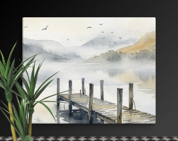 Canvas Wall Art | Misty Lake: Moody Mountain Watercolour, Calming Entryway Decor