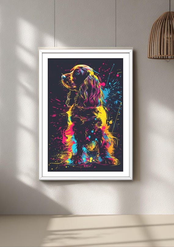 Graffiti Dog Art Neon Print, Colourful Spaniel, Urban Wall Decor