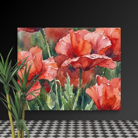 Red Poppy Watercolor Canvas Art Print, Calming Floral Wall Art