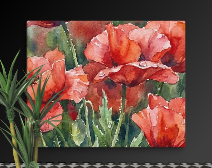 Red Poppy Watercolor Canvas Art Print, Calming Floral Wall Art