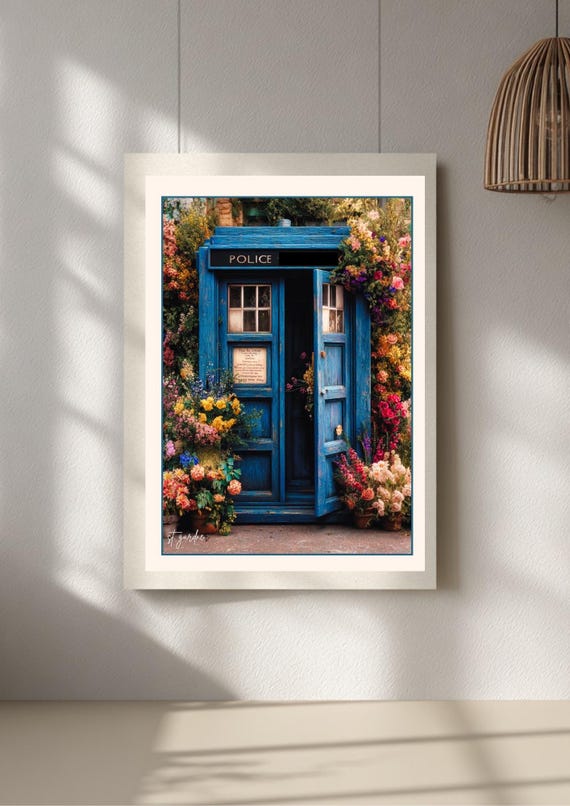 Blue Police Box floral print, blooms and flowers art, whimsical decor