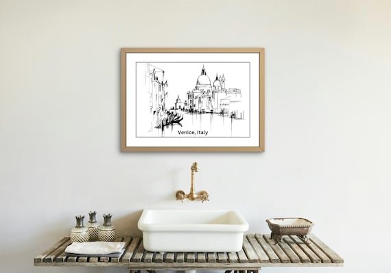 Venice city print pencil line art, digital download, minimalist black and white wall decor