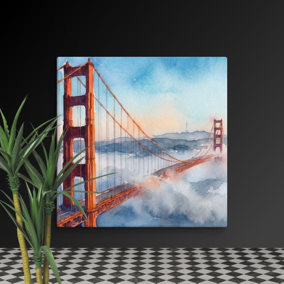 Bridge watercolor canvas wall art, Golden Gate San Francisco travel prints