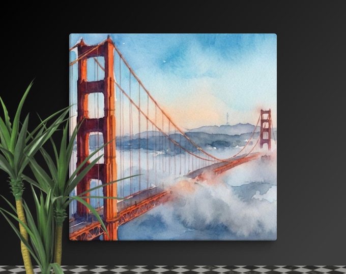 Bridge watercolor canvas wall art, Golden Gate San Francisco travel prints