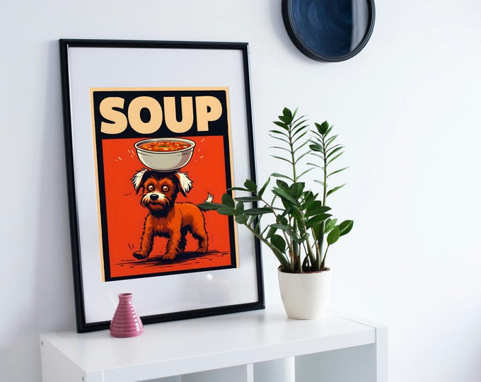 Dog pop art print Retro Soup A4 Digital Kitchen Art: Bold Colour Instant Download