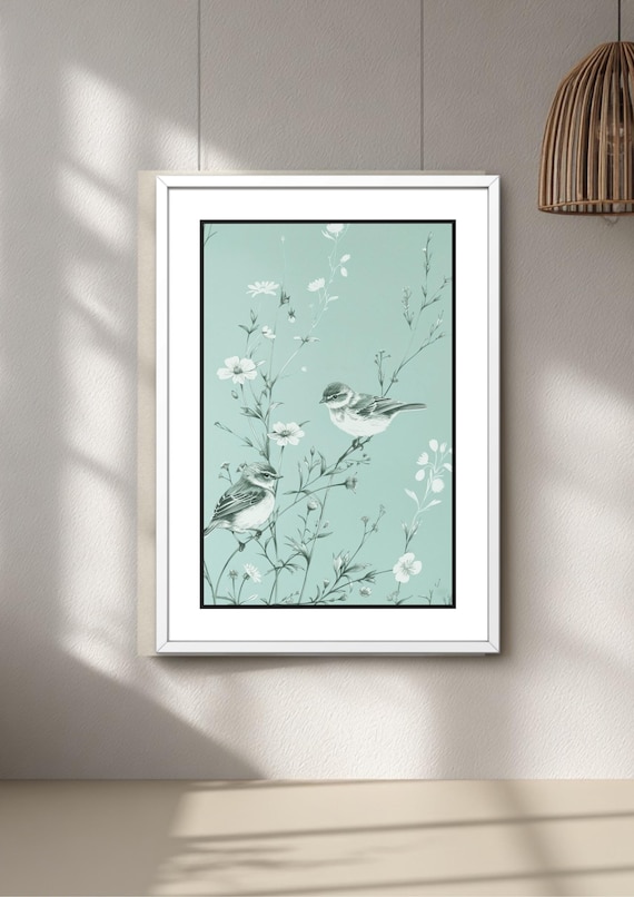 Teal Floral Bird Print – Modern Botanical Wall Art