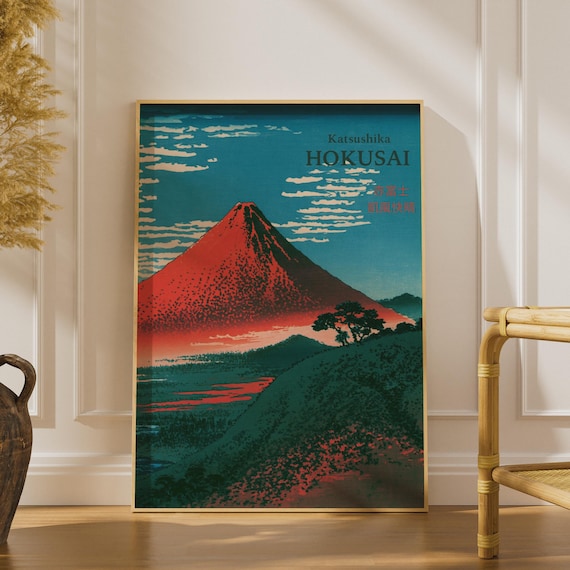 Hokusai Red Fuji Print, Japanese Woodblock Wall Art, Mount Fuji Poster, Teal