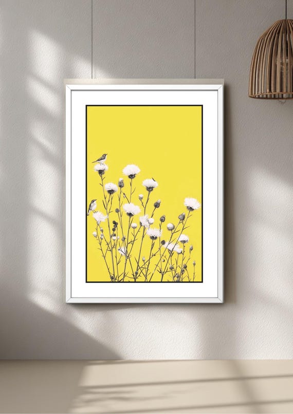 Yellow Floral Bird Print – Modern Botanical Wall Art