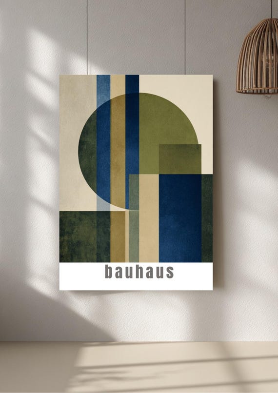 Bauhaus poster geometric artwork, natural and olive modern wall print