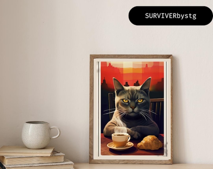 Print; Funny Retro Cat A4 | Coffee | Moody